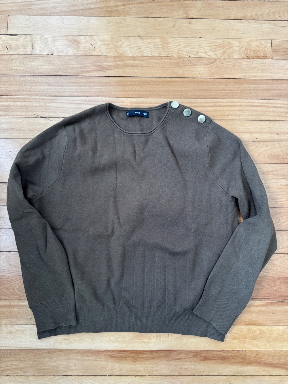 Mango Olive Green Crewneck Sweater with Shoulder Buttons